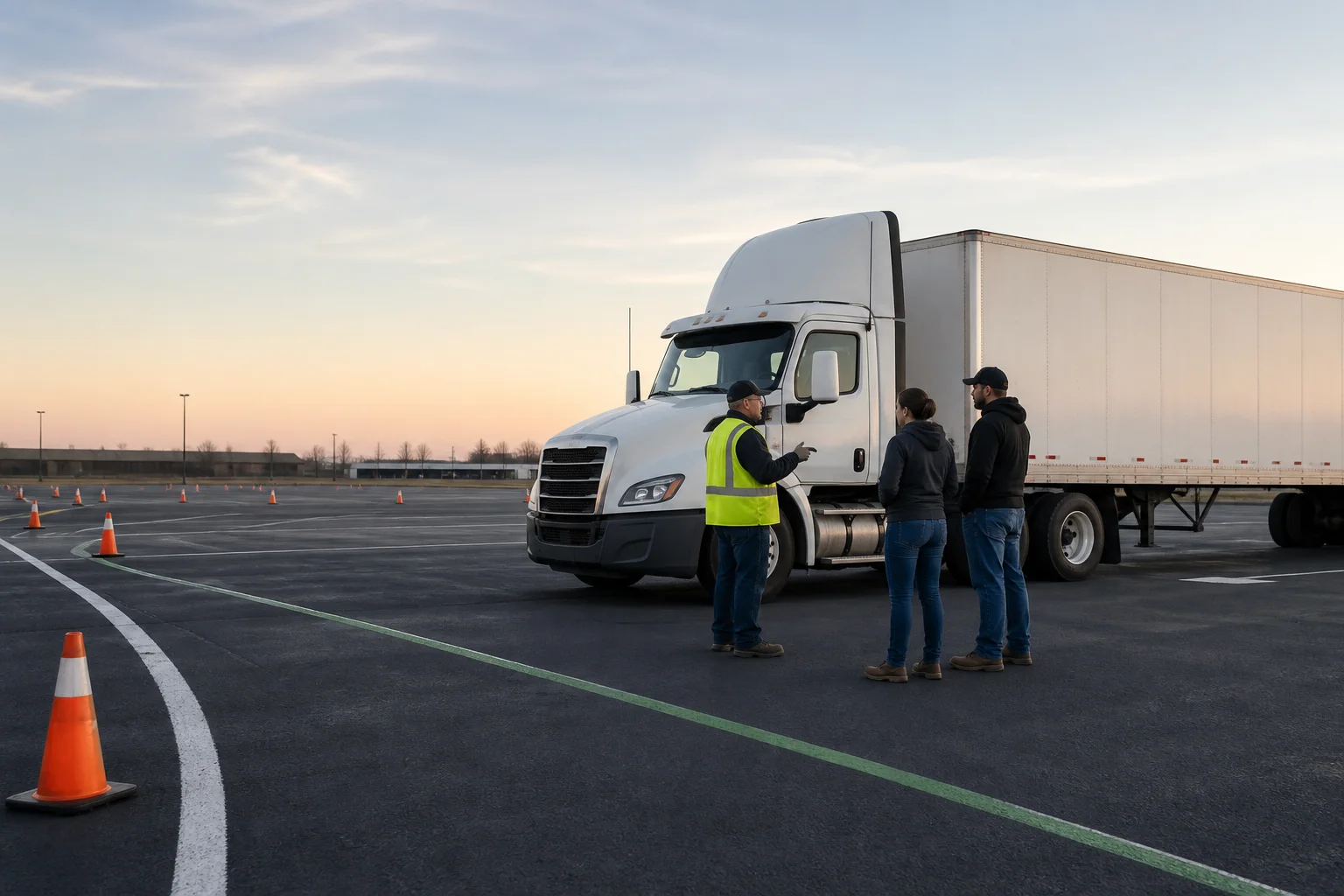 Instructor and students beside a tractor-trailer on a CDL training range
